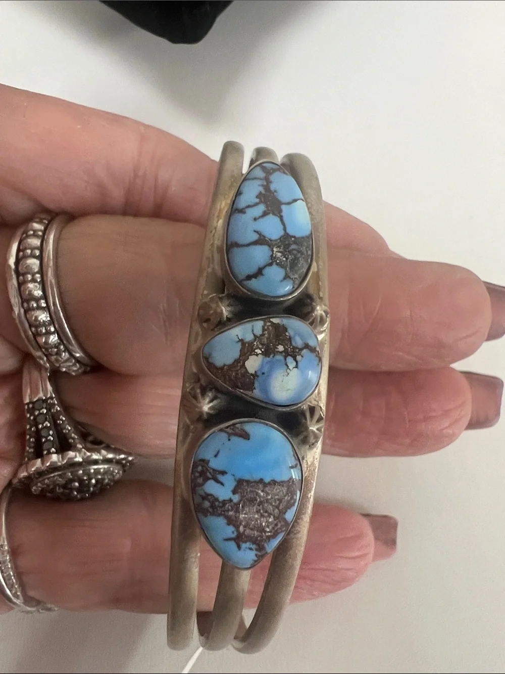 Sterling Silver Turquoise Triple Stone Cuff Bracelet - Golden Hills Turquoise